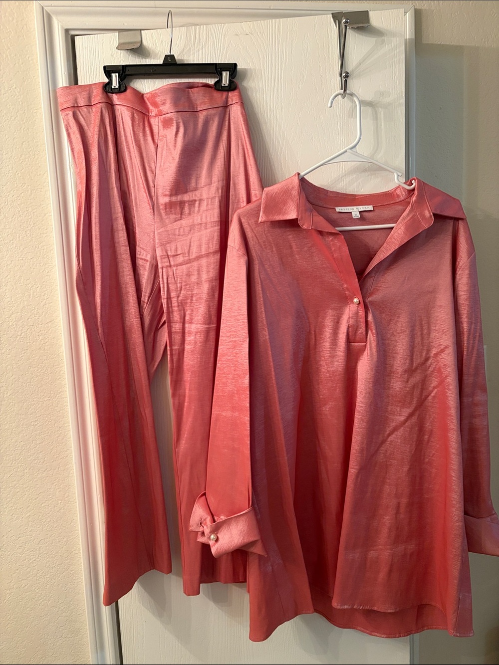 Preston & York Shimmer Pink Collared Top and Wide-Leg Pants Set